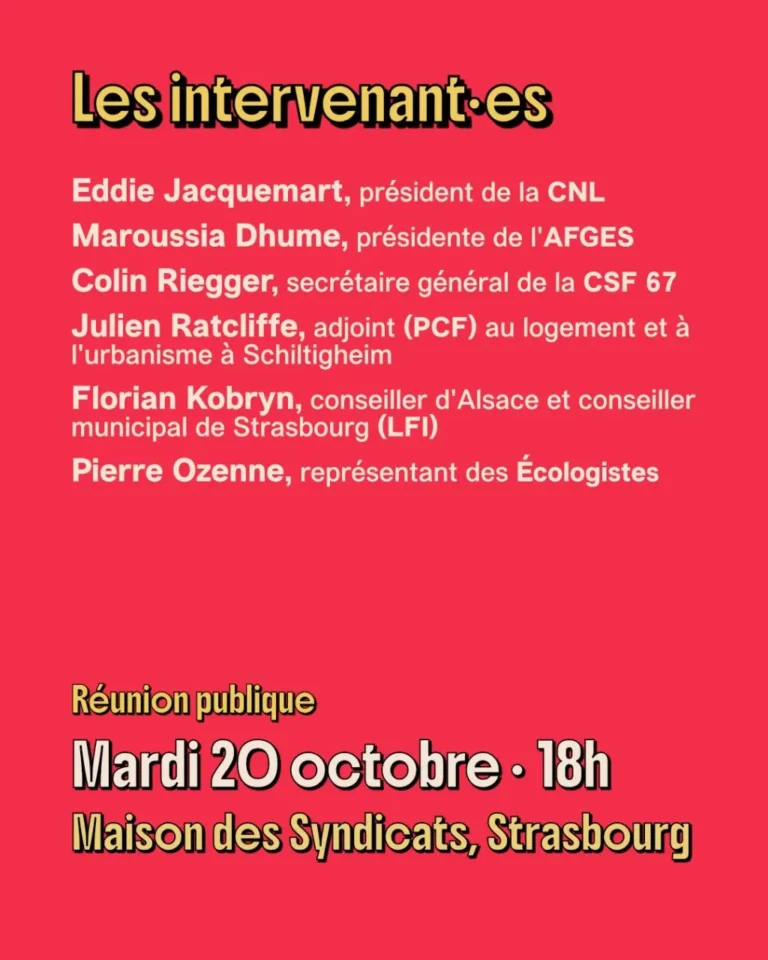 Liste des intervenants à la réunion publique sur l'encadrement des loyers à Strasbourg.